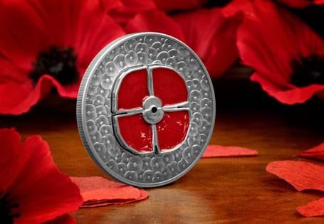 The 2021 Masterpiece Poppy features a model of a 1921-style Poppy made from 3 pieces of WW2 metal — a spitfire, a D-Day landing craft and some 1945 mess tins on the reverse.