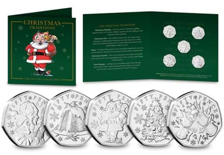 Your Christmas Traditions 50p set features FIVE coins, each depicting a different Christmas Tradition: Santa, Christmas Tree, Carol Singers, Christmas Pudding and a Cracker.