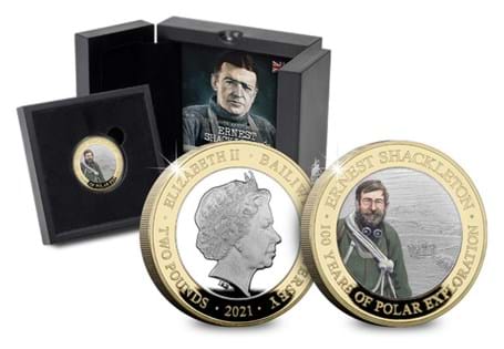 Sir Ernest Shackleton Silver £2 coin struck from .925 silver with selective 24ct Gold-plate and colour print to a Proof finish. Reverse features Shackleton and an image of his Nimrod expedition.