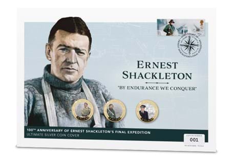 Ultimate Silver coin cover featuring three Jersey Ernest Shackleton Silver £2 coins. Struck from .925 Silver to a Proof finish with selective 24 carat gold-plate and colour ink. Postmarked 17/09/21.