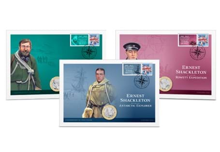 Shackleton £2 coin cover collection comprises of three covers, featuring the Jersey 2021 Ernest Shackleton BU £2 coins, alongside a Royal Mail 1st class Commemorative Label. Postmarked 17.09.21.