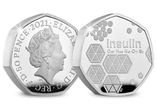 UK 2021 Insulin Silver Proof Piedfort 50p Coin Obverse and Reverse