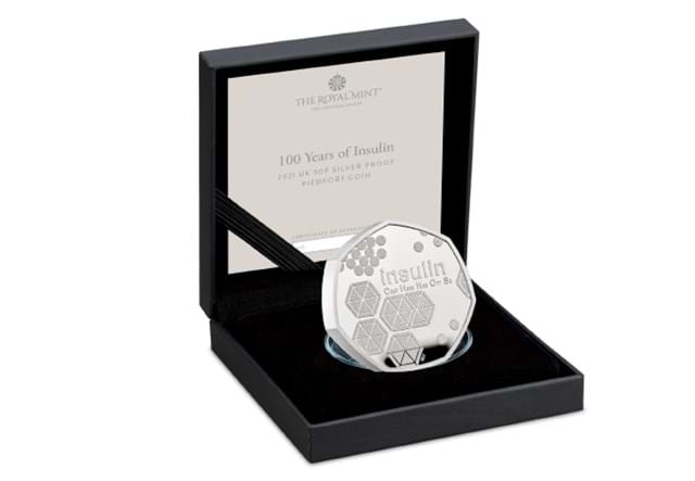 UK 2021 Insulin Silver Proof Piedfort 50p Coin in Box