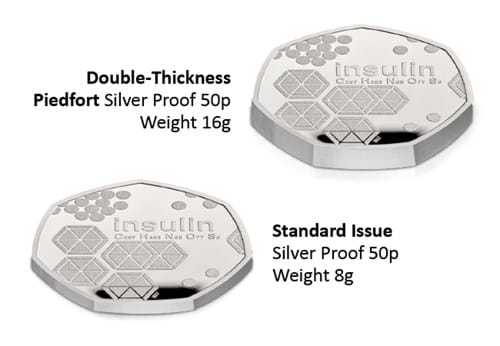 UK 2021 Insulin Silver Proof Piedfort 50p Coin Comparison against Standard Issue