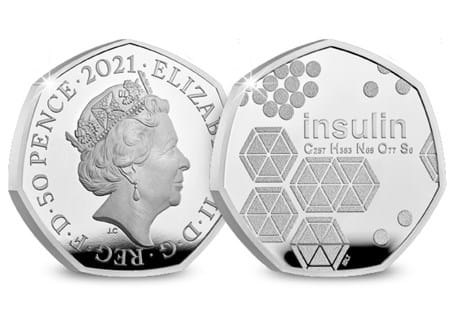 This 50p has been struck and issued by The Royal Mint to mark the 100th anniversary of the discovery of insulin. It's struck from .925 silver to a Proof finish.