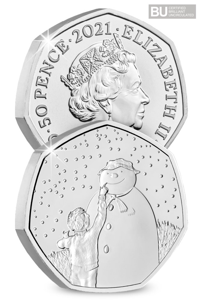 2021 UK The Snowman CERTIFIED BU 50p Obverse and Reverse