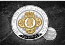 Your Prince Philip in Memoriam Silver £10 coin is struck from 5oz of .999 Silver to a Proof finish. The reverse features a portrait of Prince Philip surrounded by heraldic imagery.