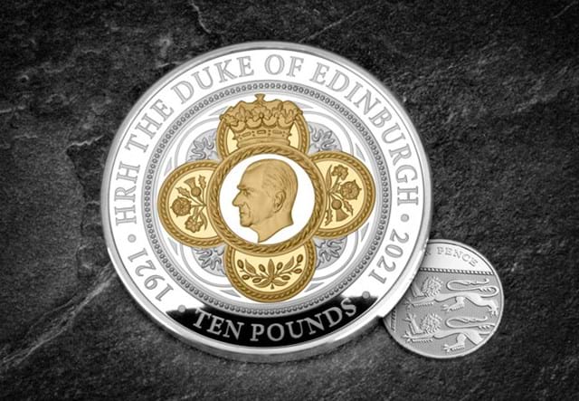 The Prince Philip In Memoriam Silver 5oz £10 Reverse against 10p