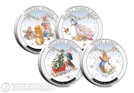Officially licensed Peter Rabbit Set featuring Peter's friends playing in snow. Plated in Sterling Silver to a Proof finish. E.L: 995