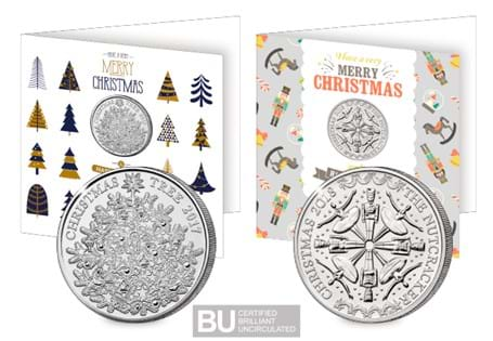 The Nutcracker and Christmas Tree £5 Card Pair includes the 2017 UK BU Christmas Tree £5 and the 2018 UK BU Nutcracker £5. Both coins are presented in themed Change Checker Christmas Cards.