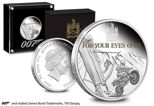 For Your Eyes Only 1oz Obverse and Reverse in forefront with packaging behind