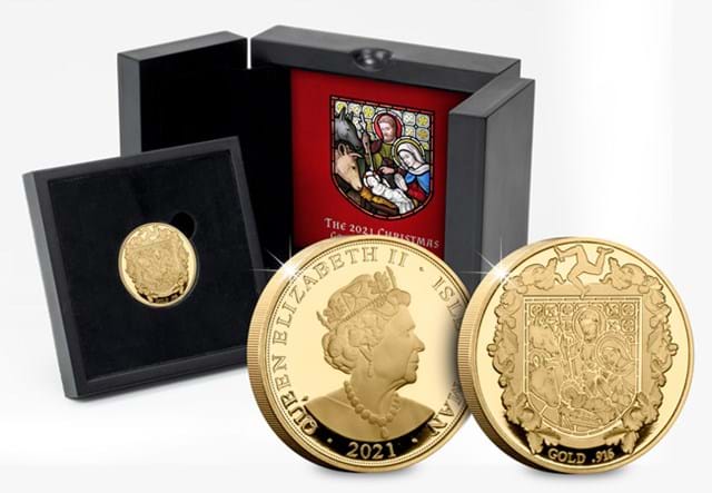 Isle of Man 2021 Christmas Gold Sovereign Reverse in display box beside Certificate and Obverse and Reverse
