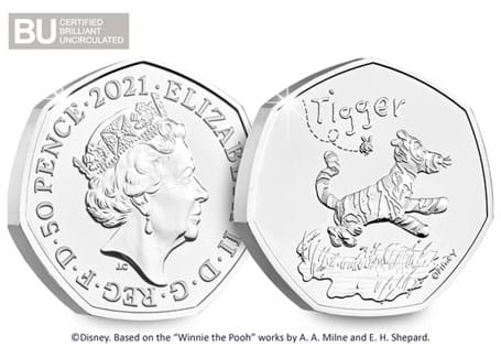 This Tigger BU 50p has been issued by the Royal Mint, and is the Sixth coin to be issued in the series to celebrate Winnie the Pooh. 