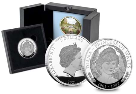 Princess Diana 60th Anniversary Silver $5 is struck from .925 Silver to Proof finish. The reverse features a portrait of Princess Diana in front of the Princess Memorial Gardens at Kensington Palace.