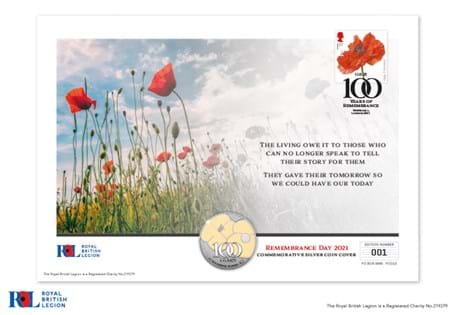 Remembrance Day 2021 Commemorative Silver Coin Cover presents the Jersey 2021 Remembrance Day Silver Proof £5 coin alongside Royal Mail's 2014 Poppy 1st class stamp. 
