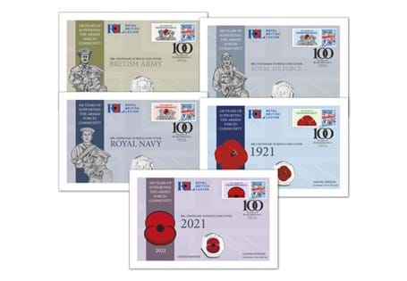 Royal British Legion Centenary Coin Cover Collection brings five of 2021 Jersey RBL 50p coins, struck to Brilliant Uncirculated quality, with Royal Mail Rule Britannia 1st Class Stamp.