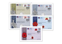 Royal British Legion Centenary Coin Cover Collection brings five of 2021 Jersey RBL 50p coins, struck to Brilliant Uncirculated quality, with Royal Mail Rule Britannia 1st Class Stamp.