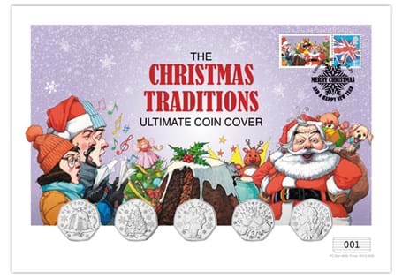Your Christmas Traditions Ultimate 50p Cover features all FIVE Guernsey 50p coins, alongside Royal Mail Stamp and Philatelic Label. Limited to just 495 worldwide and presented in white card folder.