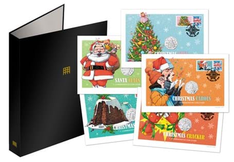 Your completed Christmas Traditions 50p Cover Collection features each of the 2021 Guernsey Christmas Traditions Coins, paired with a Royal Mail Smiler and artwork on individual covers. 