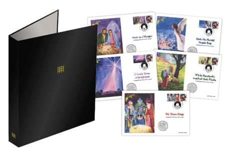 Your Complete Christmas Carol 50p Coin Cover Collection includes all five Guernsey 2020 Christmas Carol 50p coins alongside a Christmas 1st Class stamp and Specially Commissioned Philatelic Labels.