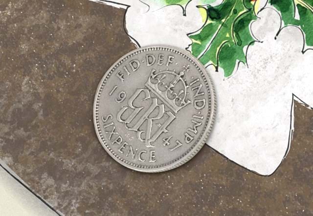 The Christmas Pudding Sixpence Frame close up of coin