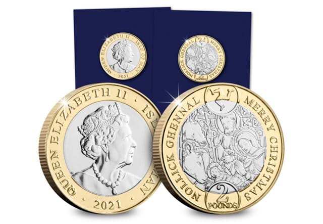 2021 Isle of Man Christmas Nativity £2 Obverse and Reverse with Blister Packs in Background