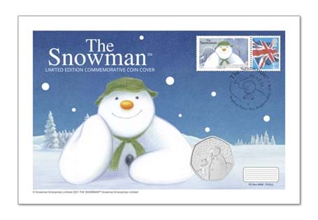 The Snowman 2021 50p Coin Cover features the 2021 BU Snowman 50p coin. Presented in a bespoke artwork with a Snowman smiler and a Union Jack 1st Class stamp.