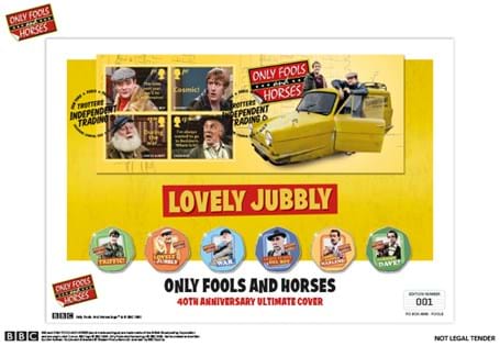 The Only Fools and Horses Ultimate Cover, featuring all six new commemoratives alongside the Royal Mail 40th Anniversary Miniature Stamp Sheet. Postmarked on 22nd December 2021. 