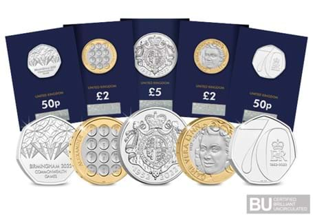 The 2022 Commemorative Coin Pack includes all 5 new issues: Commonwealth Games BU 50p, Platinum Jubilee BU 50p, Platinum Jubilee BU £5, Dame Vera Lynn BU £2 and Alexander Graham Bell BU £2.