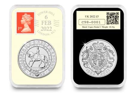 The UK 2022 Platinum Jubilee £5 coin has been encapsulated and preserved in this special one-day-only DateStamp™ issue, marking the Queen’s Platinum Jubilee.