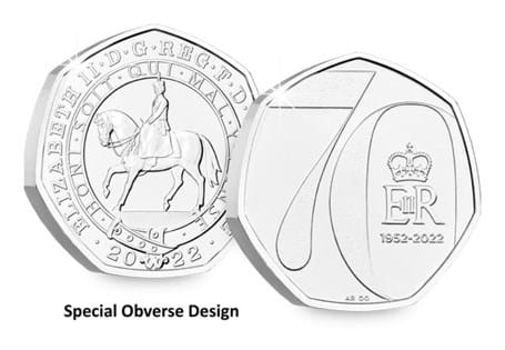 2022 Platinum Jubilee 50p issued to celebrate Queen Elizabeth II's Platinum Jubilee. Featuring an obverse design of the Queen riding on horseback and certified as Brilliant Uncirculated quality.