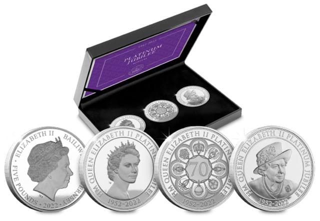 The Platinum Jubilee Proof Five Pound Set all Reverse with Display Box in Foreground