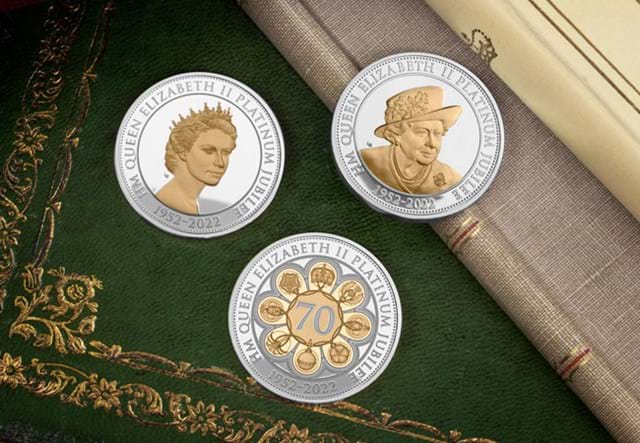 The Platinum Jubilee Silver Proof Five Pound Set all Reverses with Themed Background