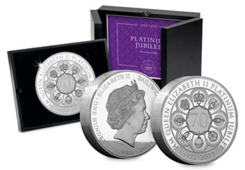 The Platinum Jubilee Silver Kilo Coin Obverse and Reverse with Display Box in Background