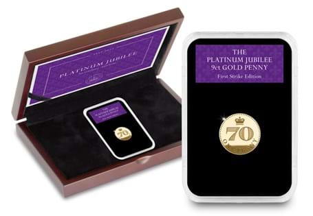 This Penny has been struck from 9 Carat Gold on the anniversary of Her Majesty's Platinum Jubilee. Comes complete with a Certificate of Authenticity — just 300 struck on the 6th February 2022.