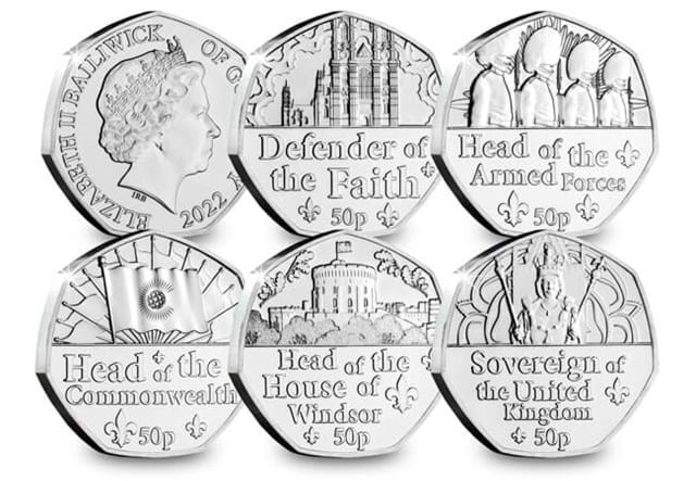 The Roles of the Queen Fifty Pence Collection all Reverse and Obverses