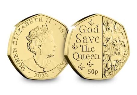 The Gold-Plated Platinum Jubilee 50p features the British National Anthem and two of the Queen's heraldic Beasts — the Lion of England and the Unicorn of Scotland. 