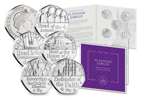 This collection brings together five 50p coins, struck to a Brilliant Uncirculated finish, and each features one of the roles of the Queen. Issued by Guernsey.
