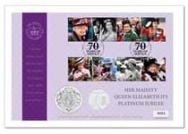 This UK Cover features both UK 2022 Platinum Jubilee £5 and 50p coins, as well as the UK Platinum Jubilee stamps postmarked with on 6th February to mark the Queen's Platinum Jubilee.