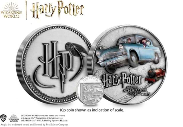 Harry Potter Flying Ford Anglia Masterpiece 10p coin shown as indication of scale