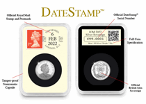 Queen's Platinum Jubilee Silver Sovereign is struck from .999 Silver to a Proof finish. DateStamp features a Red first class stamp, postmarked with the anniversary date of the Queen's Accession.