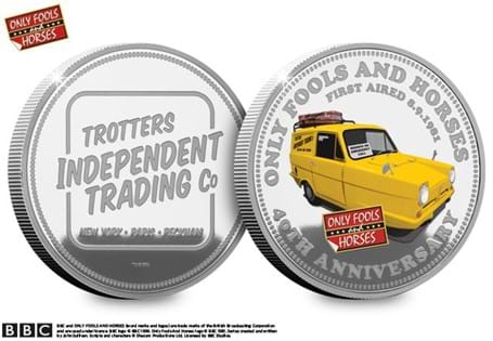 Struck from 5oz .999 Solid Silver, your commemorative features an image of Del Boy's trusty Reliant Regal 3-wheel car, finished with the addition of vivid colour to a Proof finish. EL: 100.