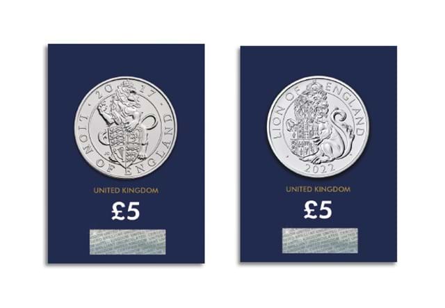 2017 & 2022 UK Lion of England BU £5 Pair Both Reverses in Change Checker Card
