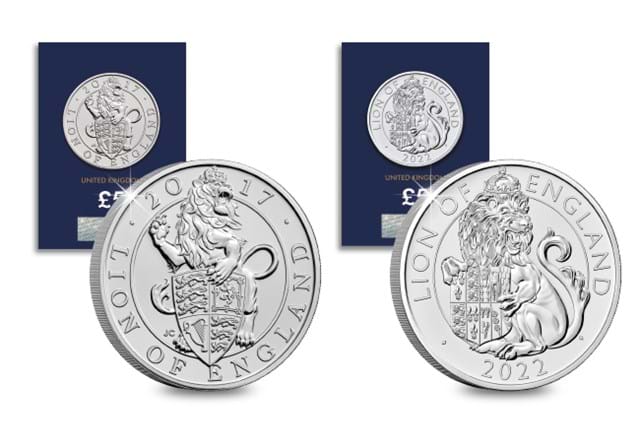 2017 & 2022 UK Lion of England BU £5 Pair Both Reverse and Change Checker Card in Background