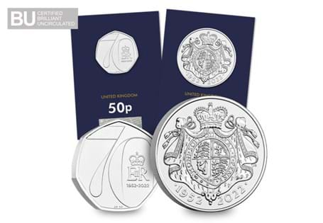 The 2022 Platinum Jubilee 50p and £5 have been issued to celebrate Queen Elizabeth II's Platinum Jubilee. Featuring an obverse design of the Queen riding on horseback & certified as BU quality.