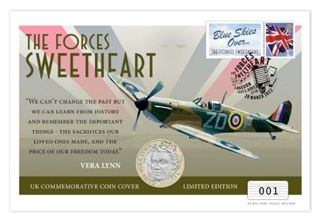 The Cover includes a UK BU £2 Coin dedicated to Dame Vera Lynn, a Royal Mail Britannia 1st class stamp and commemorative label, and a special postmark on the anniversary of the Dame’s birth.