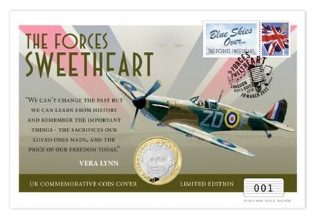 A UK Coin cover has been issued to mark the life and legacy Dame Vera Lynn. Including a UK £2 Coin, a Royal Mail Britannia 1st class stamp and commemorative label, and a postmark.