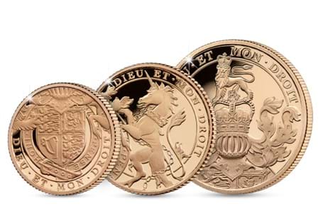 This includes the East India Company Sovereign, Quarter Sovereign, and Half sovereign issued in 2022 for the Queen's Platinum Jubilee. Each one represents a section of the Royal arms. EL. 300