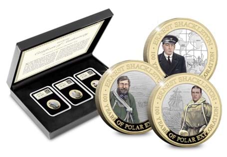Three coins struck from .925 Silver to a Proof finish tributing Sir Ernest Shackleton and his expeditions. 