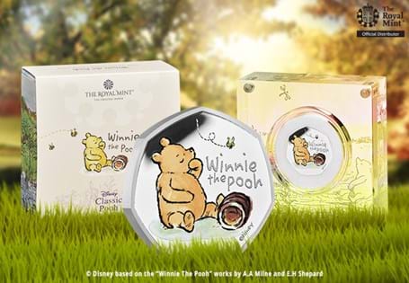 The official Winnie the Pooh 50p issued by The Royal Mint. Struck from silver to proof finish. Features a colour image of Winnie the Pooh. Comes in Royal Mint presentation box with CoA. EL 18,000.